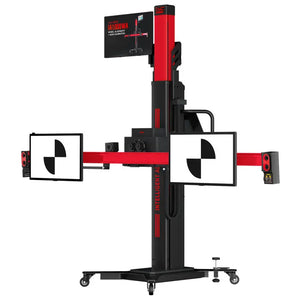 Autel IA1000DT three-quarter rear view with arms deployed and two digital LDW target panels mounted to crossbar