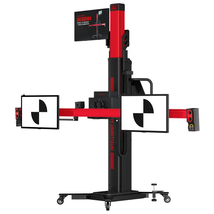 Autel IA1000DT three-quarter rear view with arms deployed and two digital LDW target panels mounted to crossbar