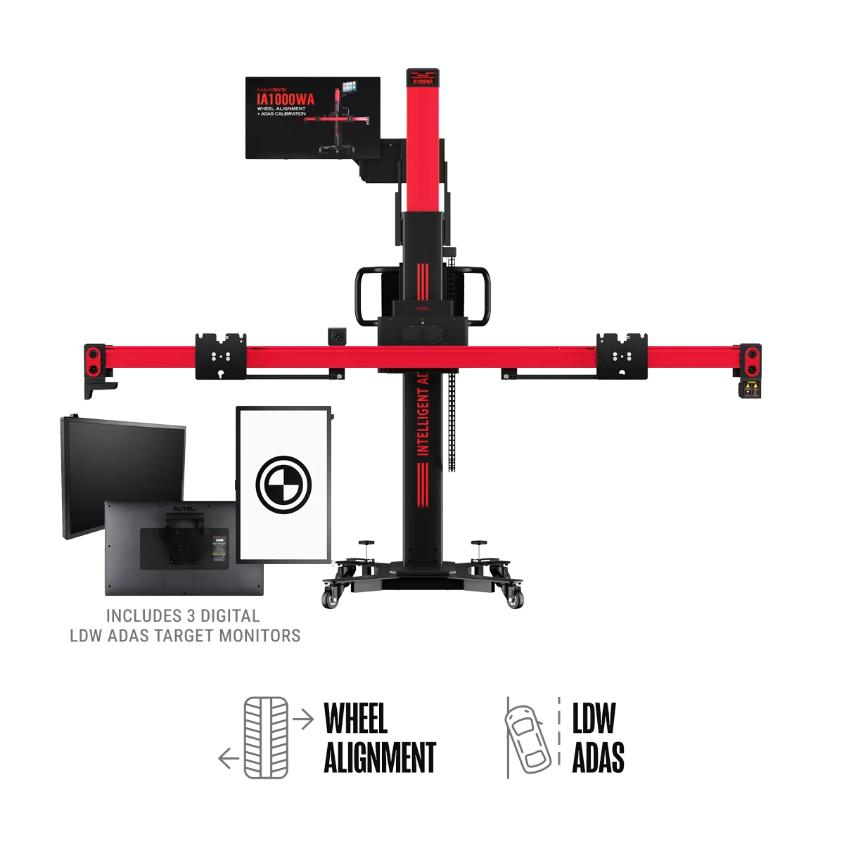 Autel IA1000DT calibration frame with stack of three digital LDW target monitors and "Includes 3 digital LDW ADAS target monitors" caption
