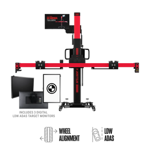 Autel IA1000DT calibration frame with stack of three digital LDW target monitors and "Includes 3 digital LDW ADAS target monitors" caption