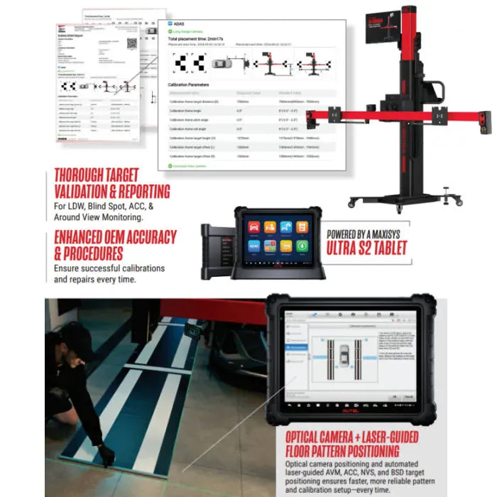IA1000 pre- and post-scan report screenshots beside the MaxiSYS Ultra S2 tablet and a floor-pattern positioning use shot