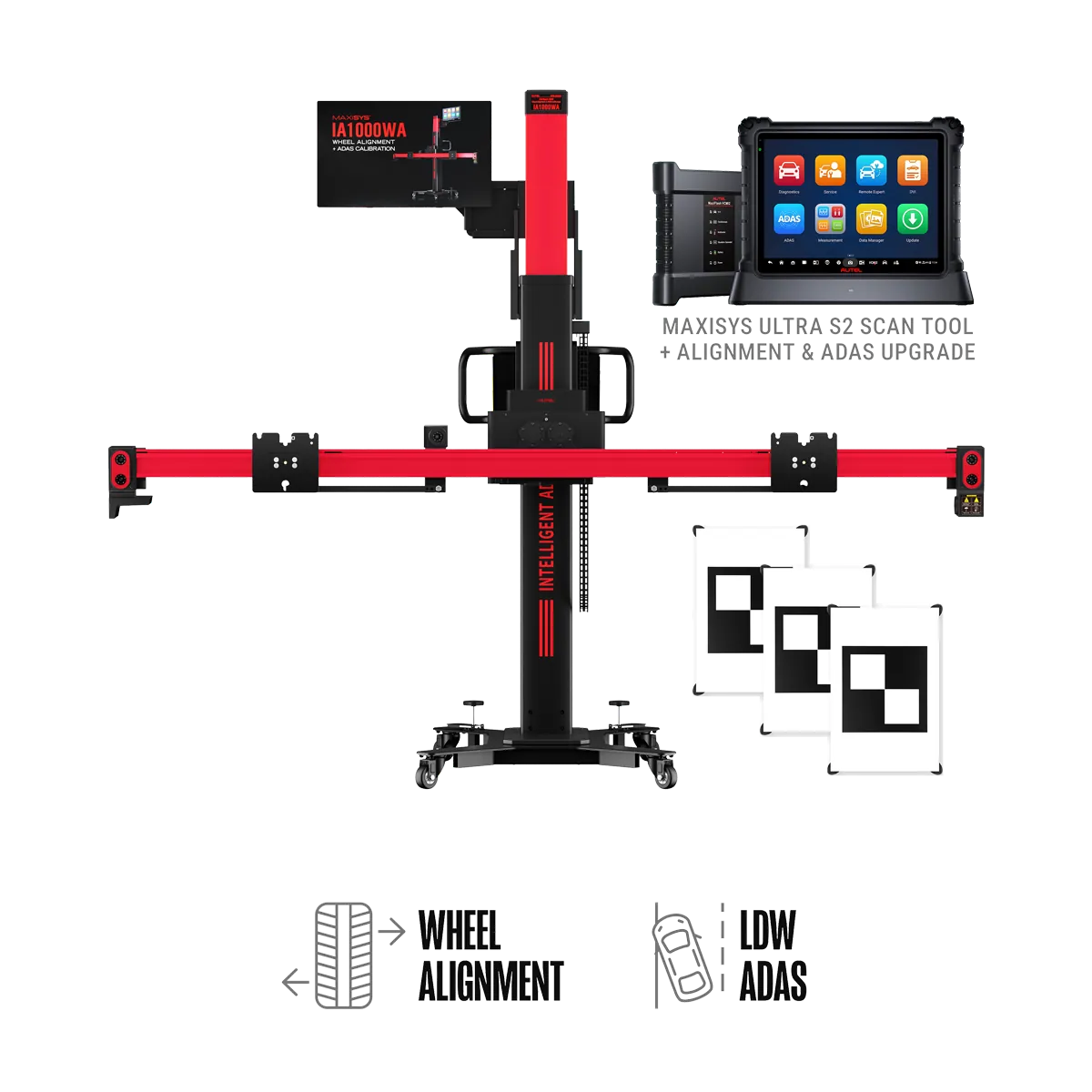Autel IA1000LDWT calibration frame with MaxiSYS Ultra S2 tablet and three LDW physical targets