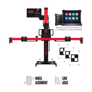Autel IA1000LDWT calibration frame with MaxiSYS Ultra S2 tablet and three LDW physical targets