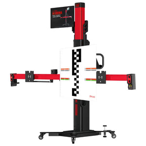 Three-quarter rear-angle view of the Autel IA1000 calibration frame with the physical LDW target panel and end-mounted optical heads