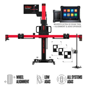 Autel IA1000 system with MaxiSYS Ultra S2 tablet, physical ADAS target patterns, target stand, and labels for wheel alignment, LDW ADAS, and all systems ADAS