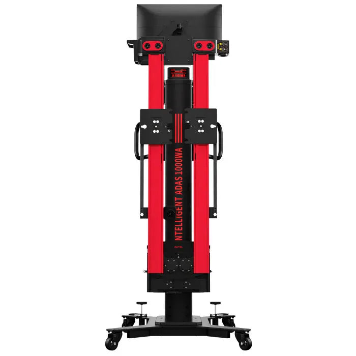 Front view of the Autel IA1000 calibration frame in folded transport position on its mobile base