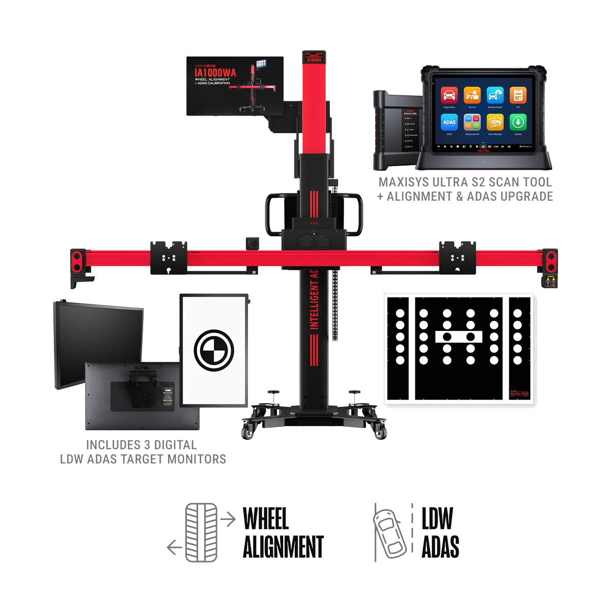 Autel IA1000LDWTDT calibration frame with MaxiSYS Ultra S2 tablet, three digital LDW target monitors, and physical LDW target panel