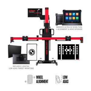 Autel IA1000LDWTDT calibration frame with MaxiSYS Ultra S2 tablet, three digital LDW target monitors, and physical LDW target panel