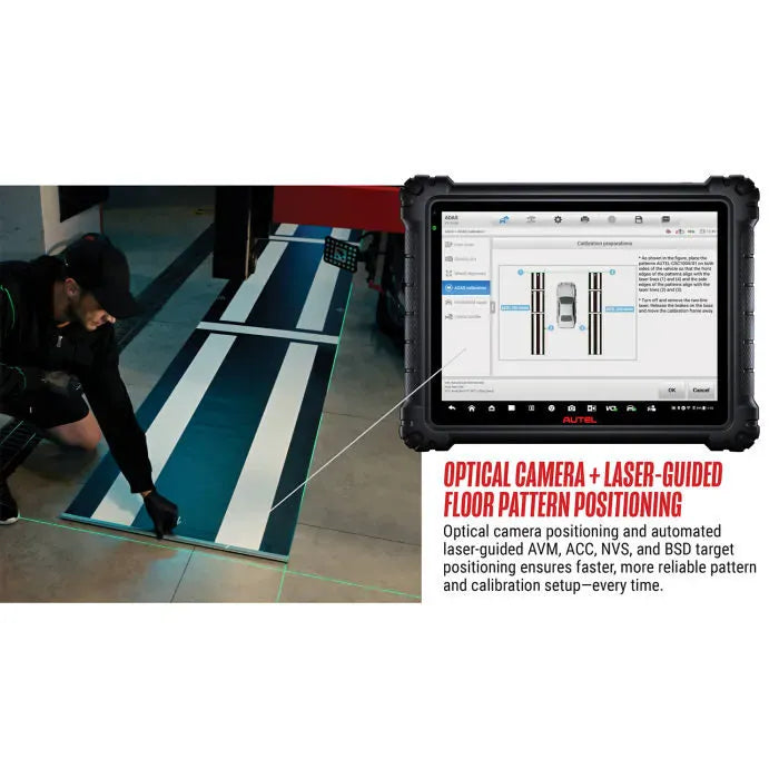 Technician kneeling on a calibration floor pattern beside the Autel IA1000 frame, with the MaxiSYS Ultra S2 tablet showing the ADAS calibration preparation screen