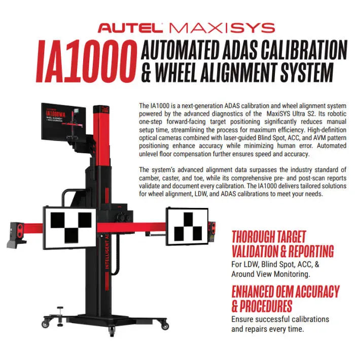 Autel MaxiSYS IA1000 system banner showing the calibration frame with optional digital target monitors on the crossbar