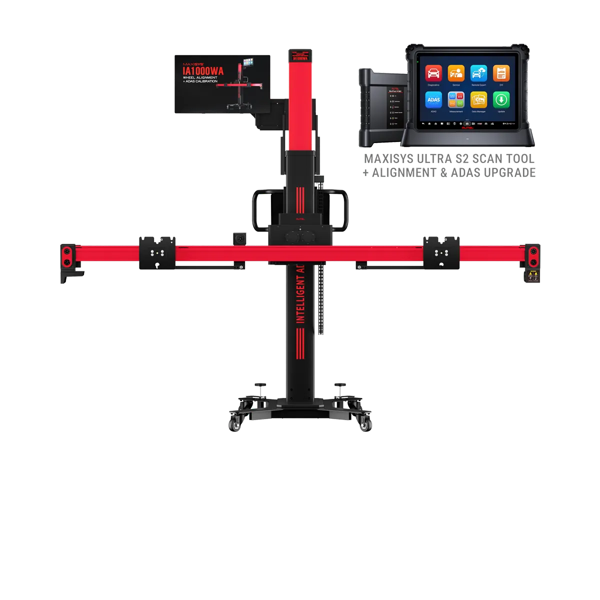 Autel MaxiSYS IA1000T calibration frame with attached touchscreen monitor and MaxiSYS Ultra S2 tablet