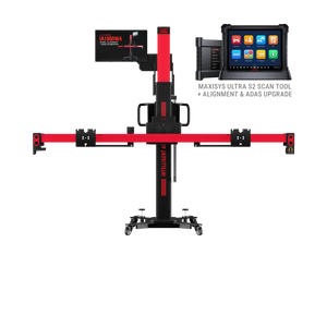 Autel MaxiSYS IA1000T calibration frame with attached touchscreen monitor and MaxiSYS Ultra S2 tablet