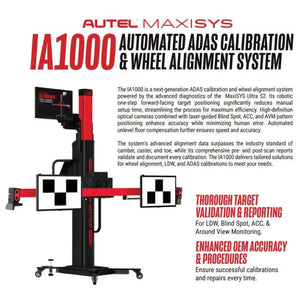 Autel MaxiSYS IA1000 automated ADAS calibration and wheel alignment system feature highlight graphic