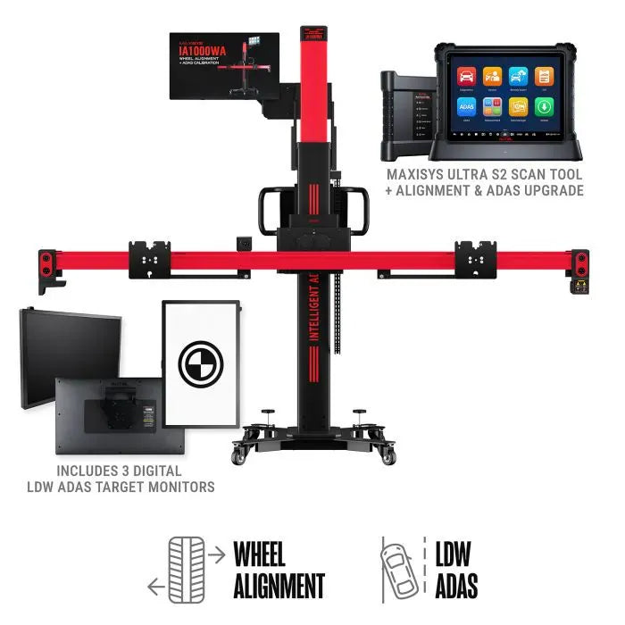 Autel IA1000 ADAS calibration frame with MaxiSYS Ultra S2 tablet and three digital LDW target monitors