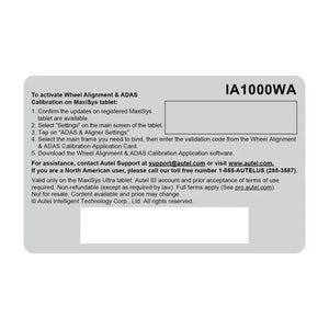 Back of the Autel IA1000WAUP activation card with five-step MaxiSYS tablet activation instructions and validation code panel
