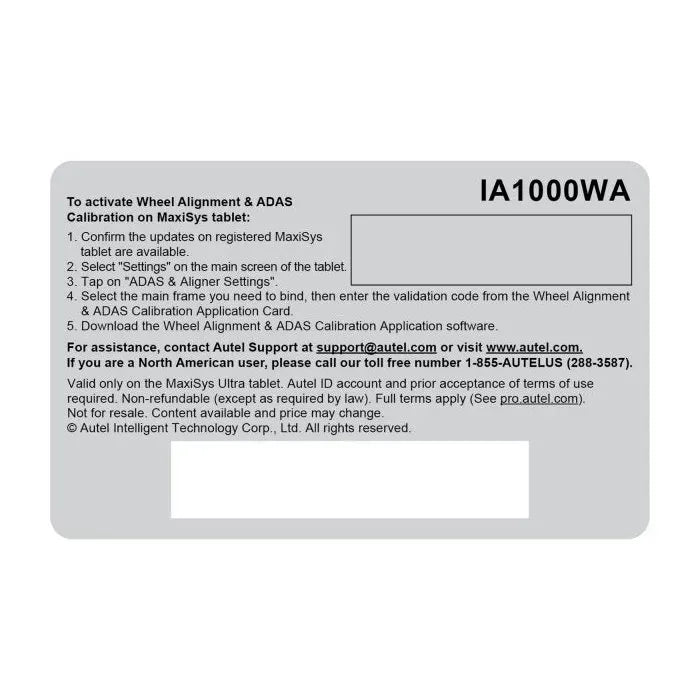 Back of the Autel IA1000WAUP activation card with five-step MaxiSYS tablet activation instructions and validation code panel