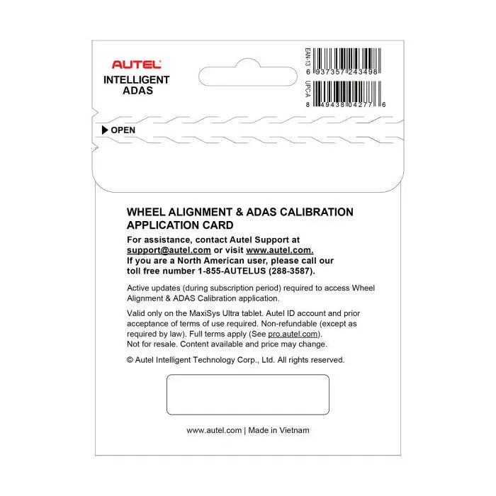 Back of Autel IA1000WAUP retail package showing barcode, subscription terms, and Autel Support contact information