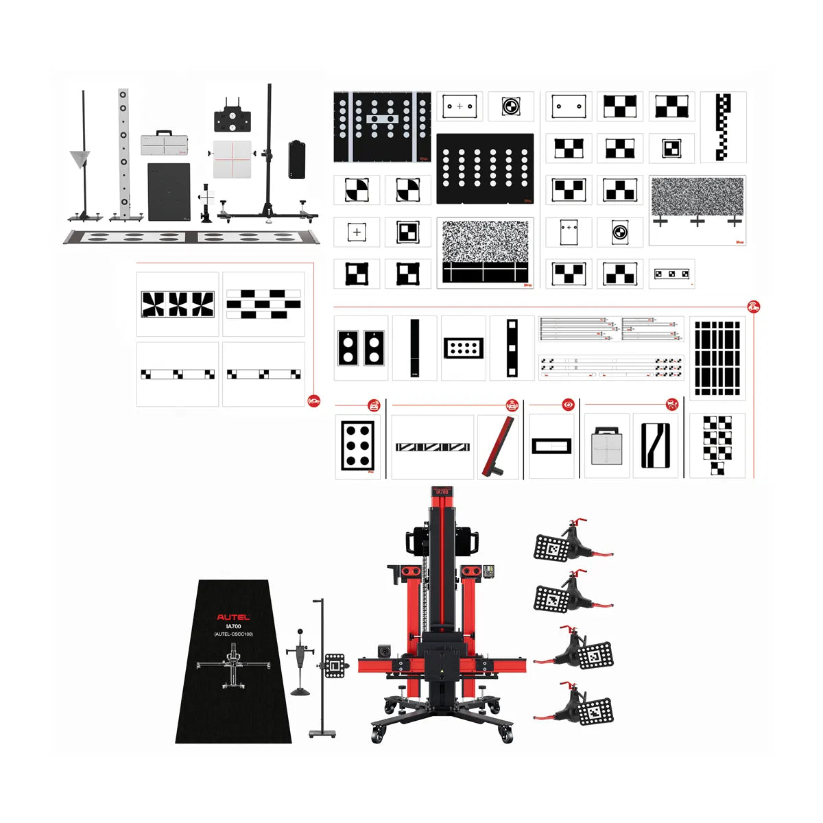 IA700AS package frame, calibration target set, tire clamps, alignment mat, and target stands