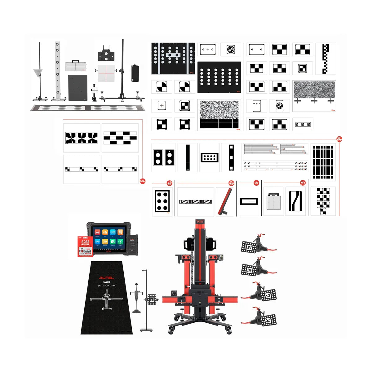 Autel IA700AST package layout with frame, MaxiSYS tablet, alignment mat, and full target and accessory kit
