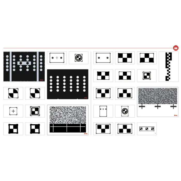 IA900 All Systems LDW target boards including dot patterns, lane departure stripes, and checkerboard calibration patterns