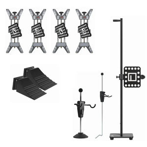 IA900 standard accessories detail: 4 wheel clamps with camera targets, 2 wheel chocks, steering wheel lock, brake pedal lock, distance target stand