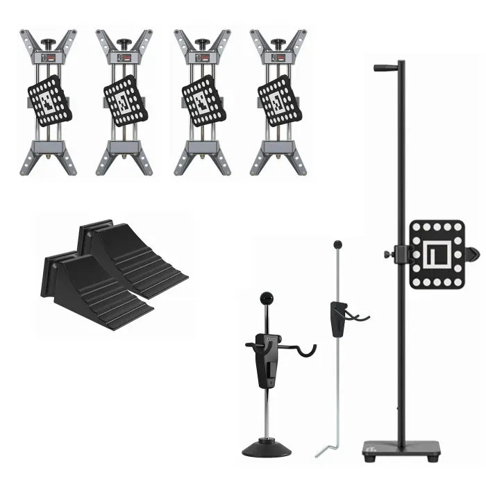 IA900 standard accessories detail: 4 wheel clamps with camera targets, 2 wheel chocks, steering wheel lock, brake pedal lock, distance target stand