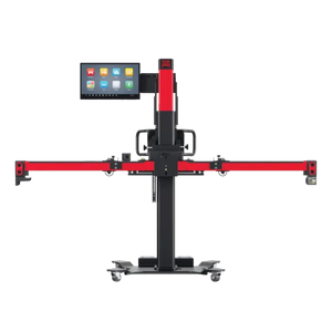 Front view of Autel IA900WA frame with 24-inch MaxiSYS touchscreen and folding crossbar with end-mounted positioning cameras