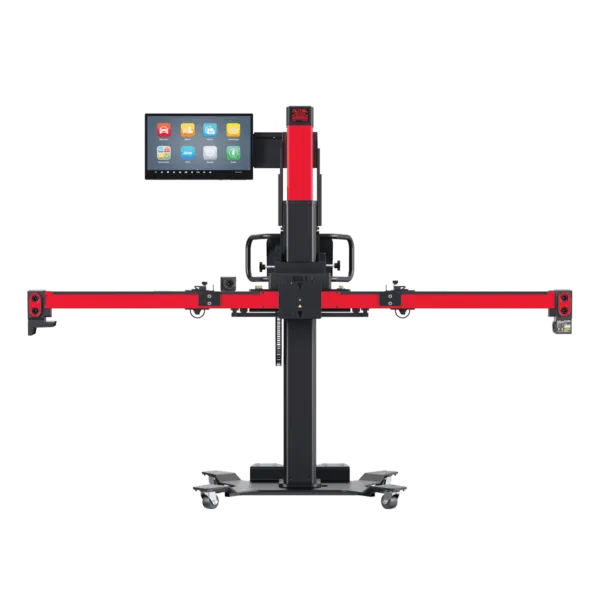 Front view of Autel IA900WA frame with 24-inch MaxiSYS touchscreen and folding crossbar with end-mounted positioning cameras