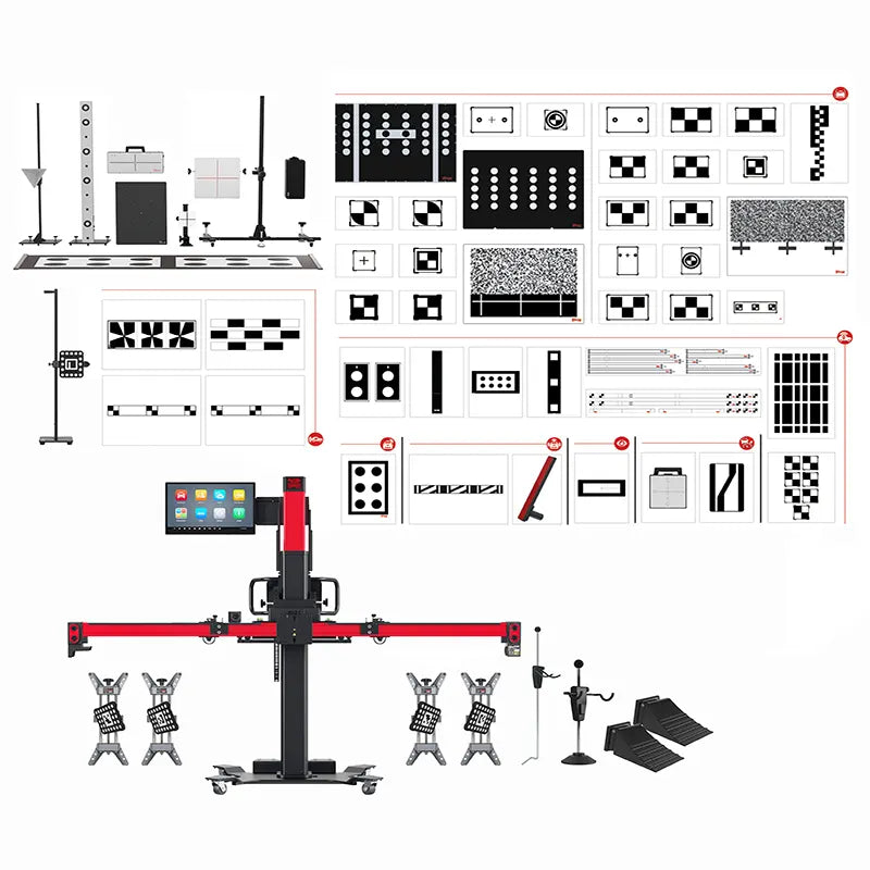 Complete Autel IA900AS package: IA900WA frame with 24-inch touchscreen, ADAS calibration targets, wheel clamps, steering wheel lock, brake lock, and wheel chocks