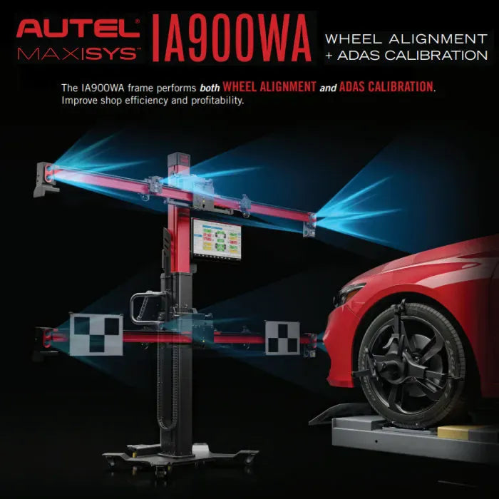 Autel MaxiSYS IA900WA frame illustrated in dual mode: top crossbar performs wheel alignment, bottom crossbar holds ADAS calibration targets