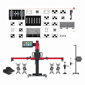 Autel IA900LDW calibration frame with 24-inch touchscreen, four wheel clamps, wheel chocks, steering and brake locks, plus full LDW target board set.