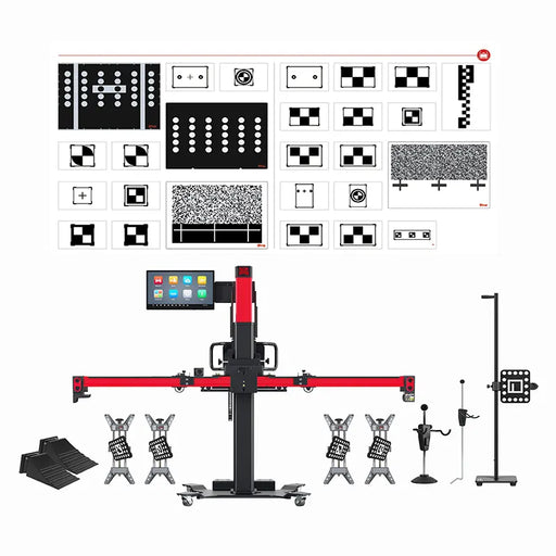 Autel IA900LDW calibration frame with 24-inch touchscreen, four wheel clamps, wheel chocks, steering and brake locks, plus full LDW target board set.