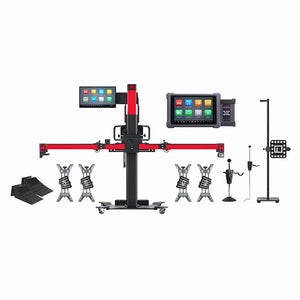 Autel MaxiSYS IA900WAT package showing frame, 24-inch touchscreen, ULTRAADAS tablet, wheel clamps with camera targets, accessories