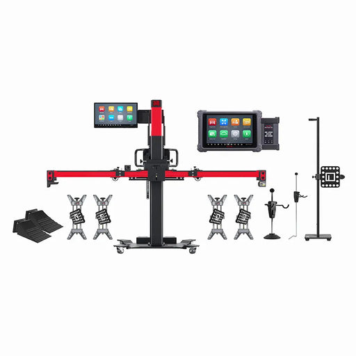 Autel MaxiSYS IA900WAT package showing frame, 24-inch touchscreen, ULTRAADAS tablet, wheel clamps with camera targets, accessories