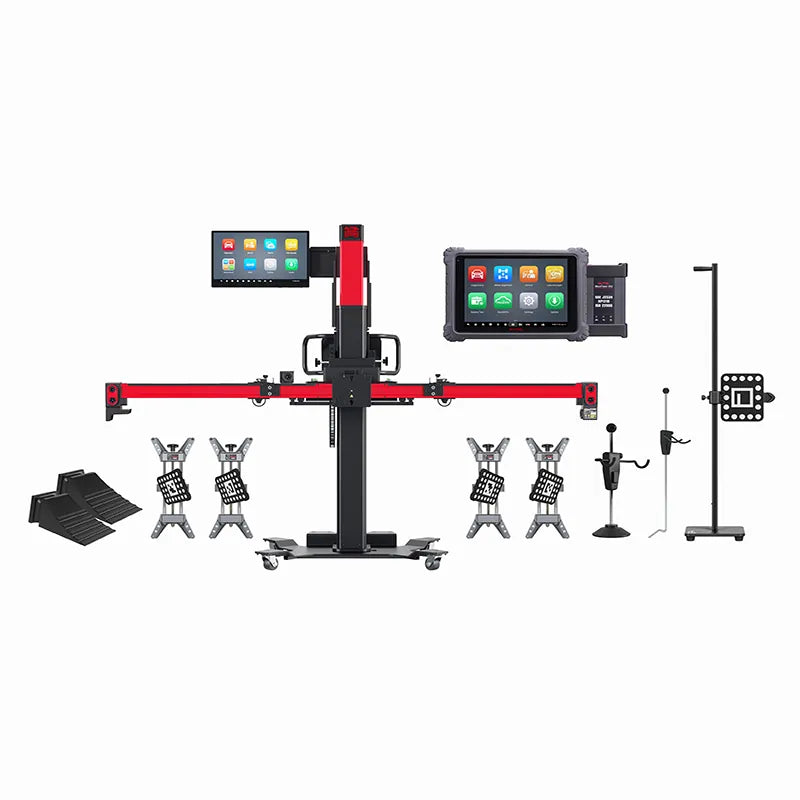 Autel MaxiSYS IA900WAT package showing frame, 24-inch touchscreen, ULTRAADAS tablet, wheel clamps with camera targets, accessories