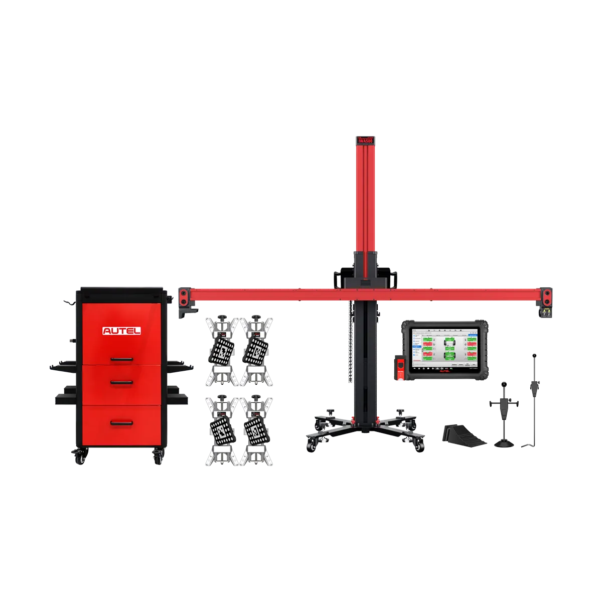 Autel IWA500ACT kit: alignment frame, four rim clamps, MaxiAlign tablet, rim storage cabinet, wheel chocks, brake pedal depressor, steering wheel holder
