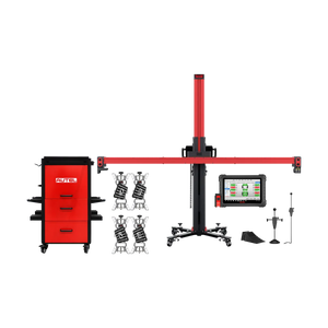 Autel IWA500ACT kit: alignment frame, four rim clamps, MaxiAlign tablet, rim storage cabinet, wheel chocks, brake pedal depressor, steering wheel holder