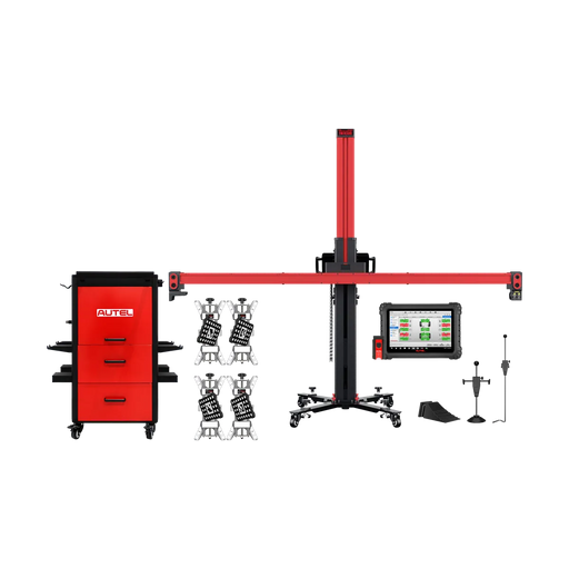 Autel IWA500ACT kit: alignment frame, four rim clamps, MaxiAlign tablet, rim storage cabinet, wheel chocks, brake pedal depressor, steering wheel holder