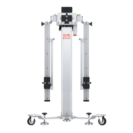 Autel MA600 portable ADAS calibration frame, front view of folded column on wheeled base with red AUTEL MaxiSys ADAS MA600 branding