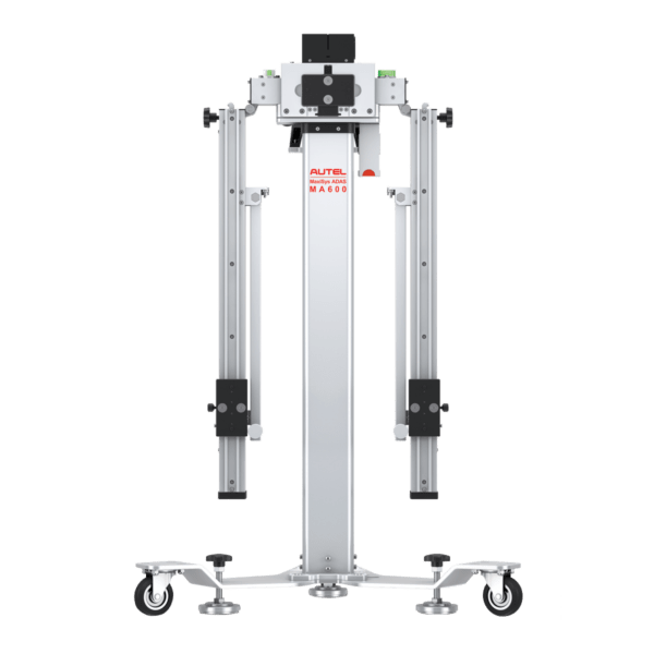 Autel MA600 portable ADAS calibration frame, front view of folded column on wheeled base with red AUTEL MaxiSys ADAS MA600 branding