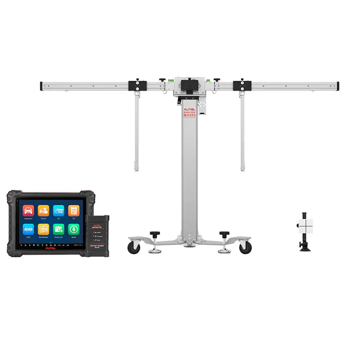 Autel MA600 calibration frame with MaxiSys MS909 S2 diagnostic tablet and MaxiFlash VCI dongle