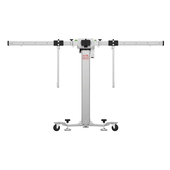 Autel MA600 mobile calibration frame front view with extended laser crossbar on rolling base