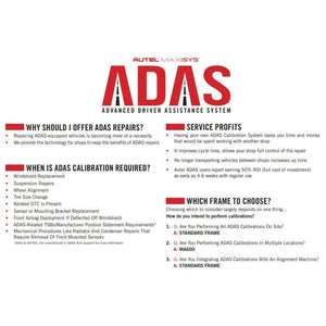 Autel MaxiSYS ADAS service-profits and use-case infographic explaining when ADAS calibration is required and which frame to choose