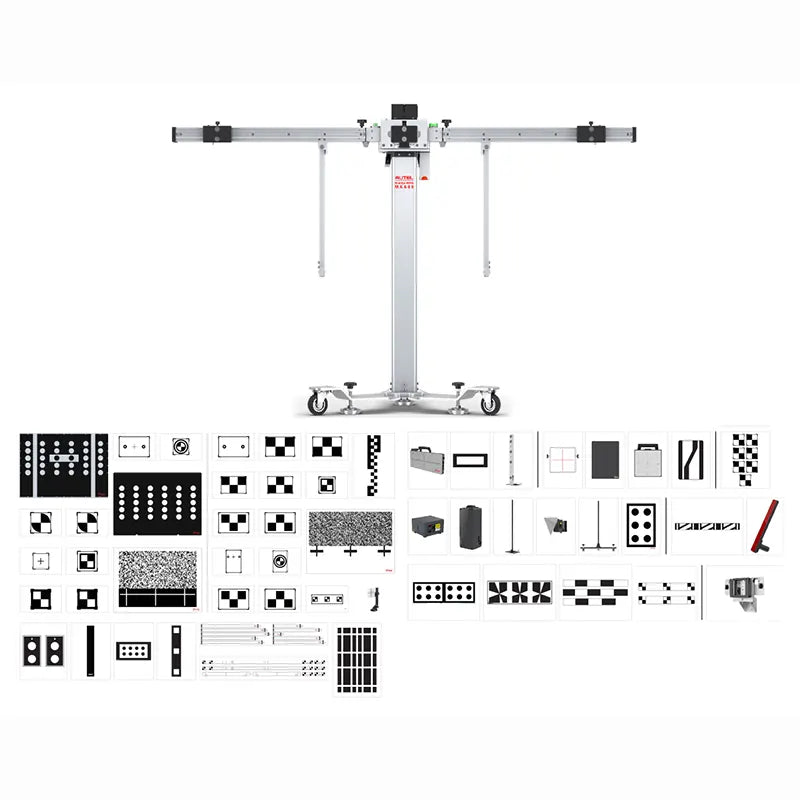 Autel MAS20 All Systems 2.0 mobile calibration kit with MA600 frame and the full set of LDW, AVM, radar, and LIDAR targets laid out below