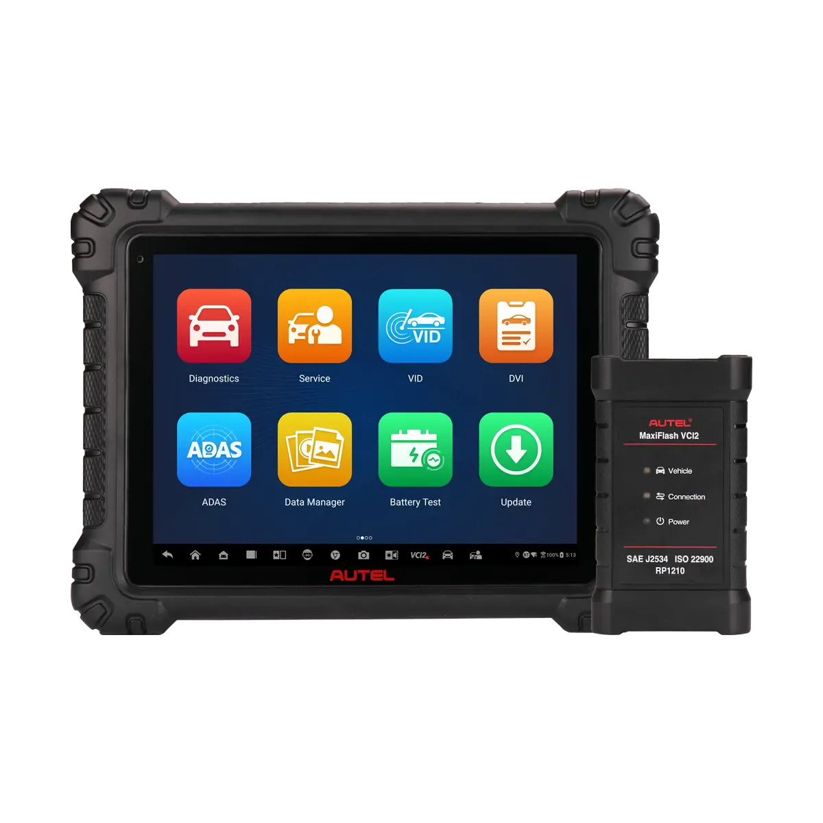 Autel MaxiSYS MS909 S2 tablet home screen and MaxiFlash VCI2 supporting SAE J2534, ISO 22900, and RP1210