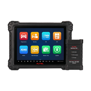 Autel MaxiSYS MS909 S2 tablet home screen and MaxiFlash VCI2 supporting SAE J2534, ISO 22900, and RP1210