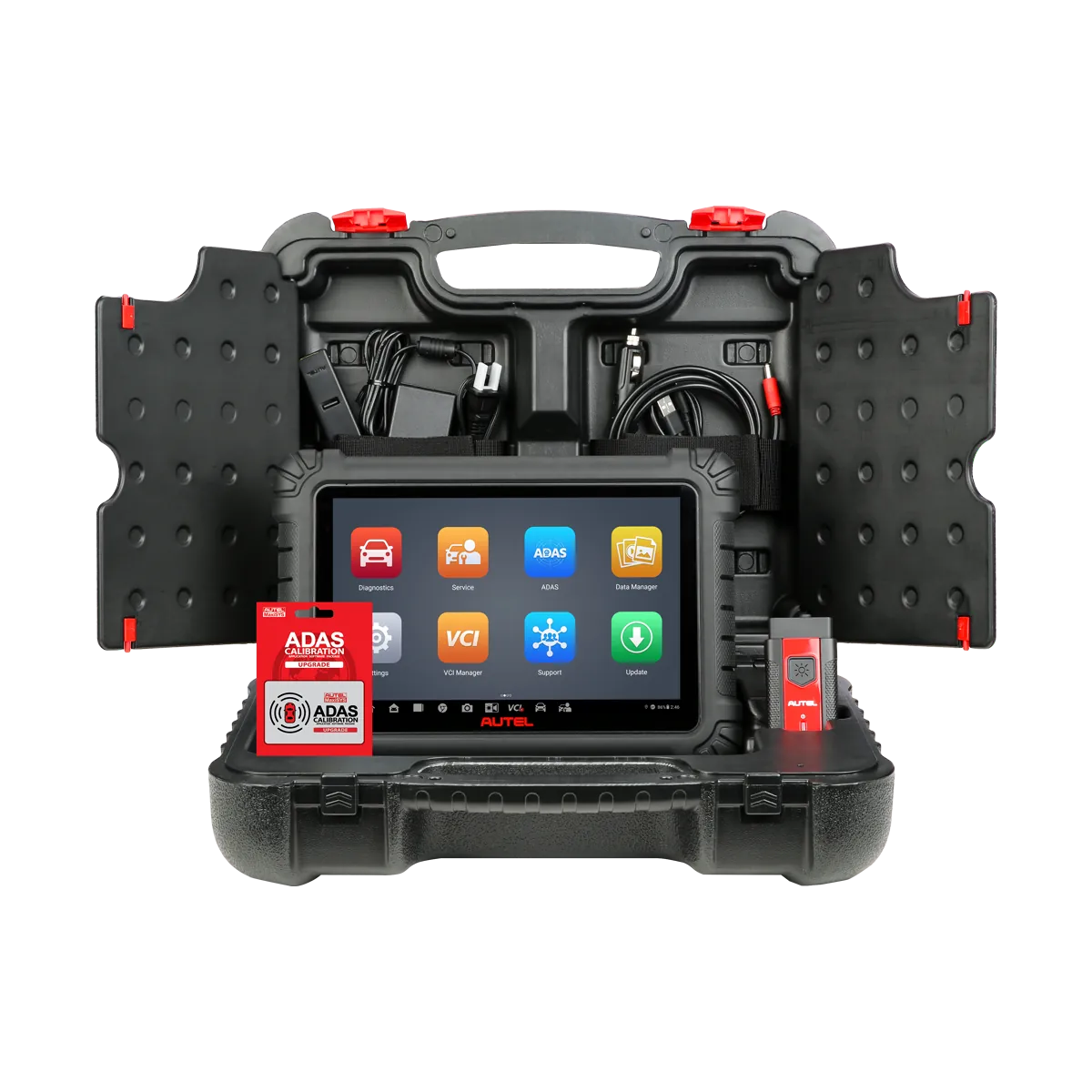 Autel MaxiSys MS906 MAX kit shown inside the open carrying case with tablet, MaxiVCI V200, and ADAS software card