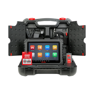Autel MaxiSys MS906 MAX kit shown inside the open carrying case with tablet, MaxiVCI V200, and ADAS software card
