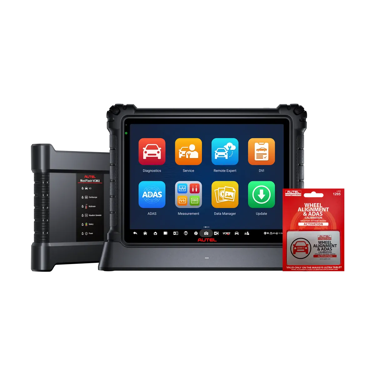 Autel MaxiSYS Ultra S2 tablet on docking station beside MaxiFlash VCMI2 with IA900 Wheel Alignment and ADAS Calibration activation card