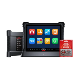Autel MaxiSYS Ultra S2 tablet on docking station beside MaxiFlash VCMI2 with IA900 Wheel Alignment and ADAS Calibration activation card
